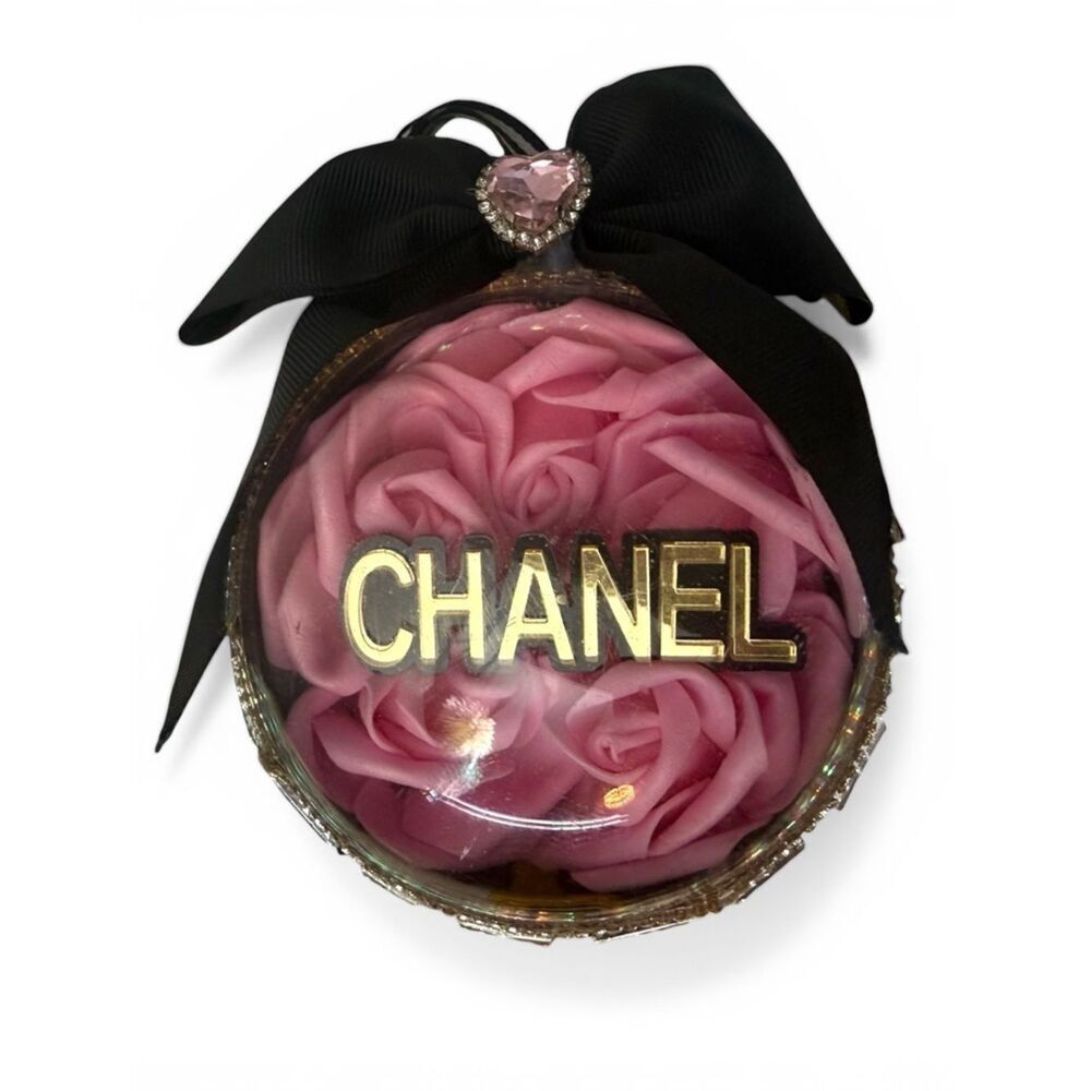 Luxury Pink Rose Ornament 4in Black Bow Gold Rhinestone Glam Chic Gift Decor